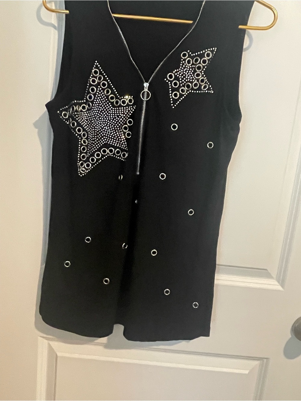 Black Sleeveless Star Studded with Grommet&Rhinestone Accents Biker 1/4zip L